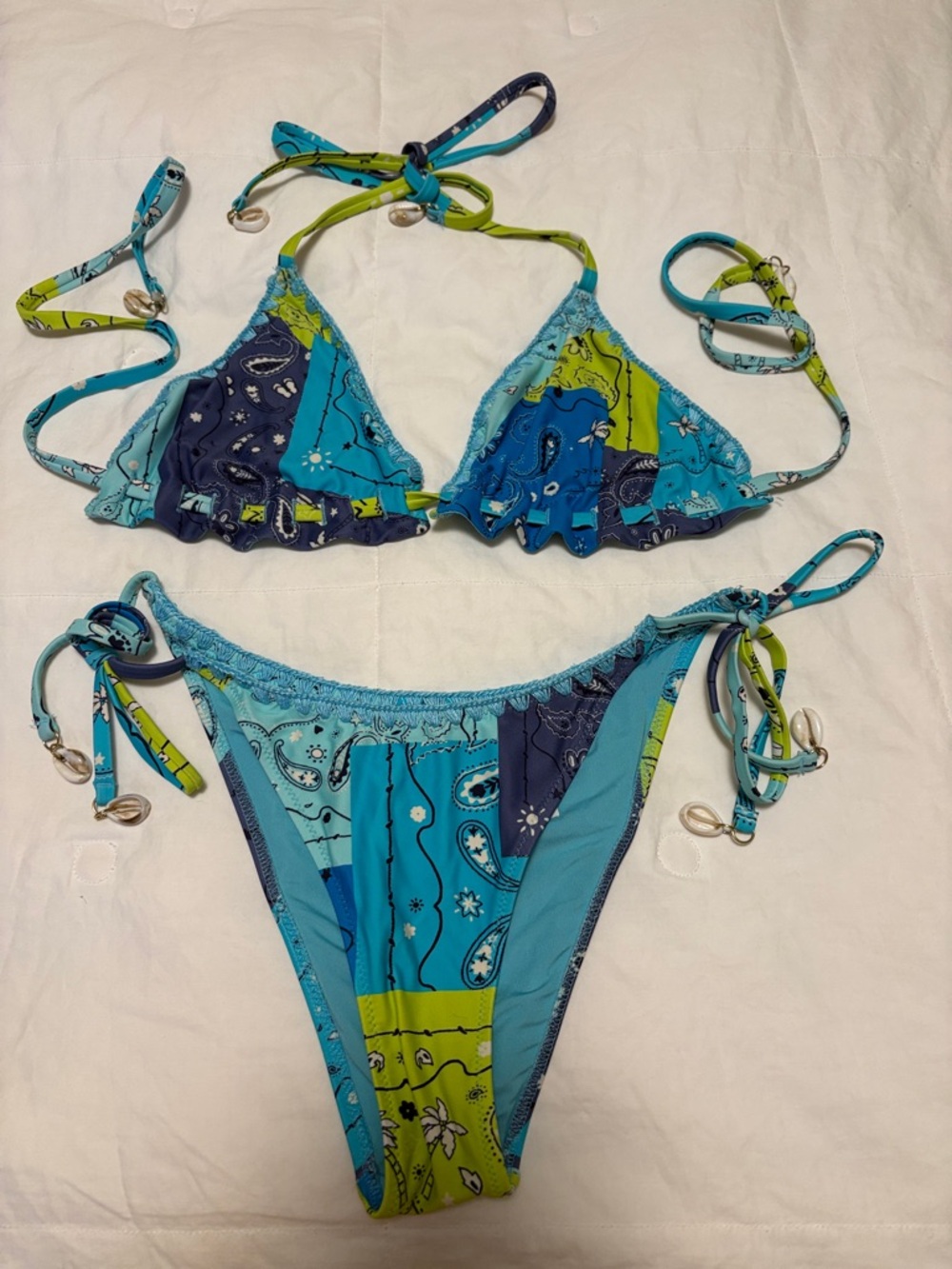 aerie Blue Turquoise Green Patchwork Paisley String Bikini